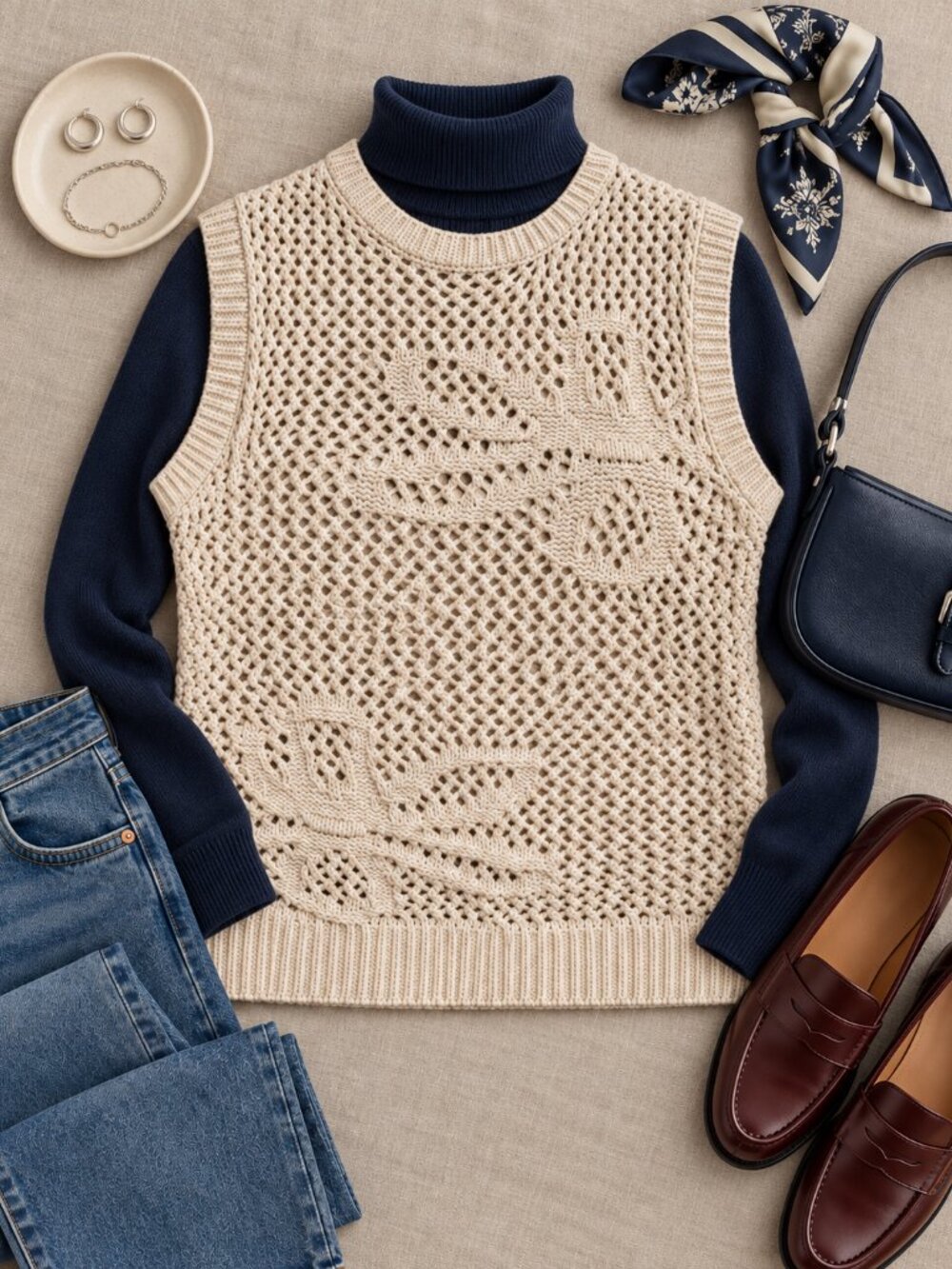 Artelier Nicole Miller Cream Crochet Knit Sleeveless Top Vest Medium Cottagecore